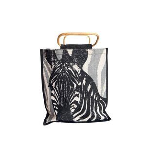 Retro Exotic Zebra Black, Gray & White Wooden Handles Women’s Tote Shoulder Bag